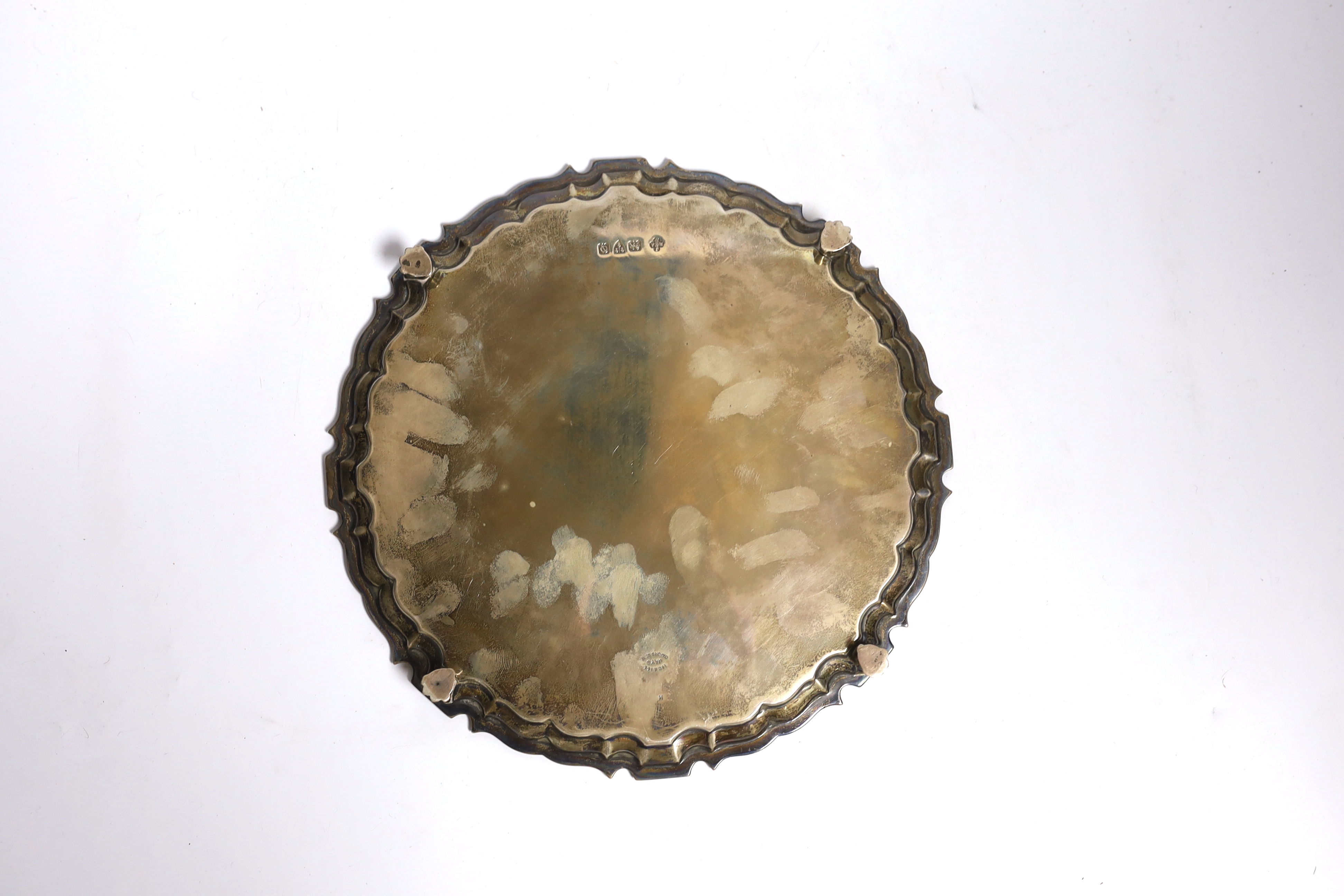 A George VI monogrammed silver salver with piecrust border, Chester, 1939 by Jay, Richard Attenborough Co Ltd, 25.4cm, 20.4oz.